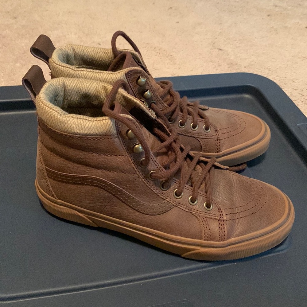 Vans brown faux leather high tops mens 9 womens 10.5 like new